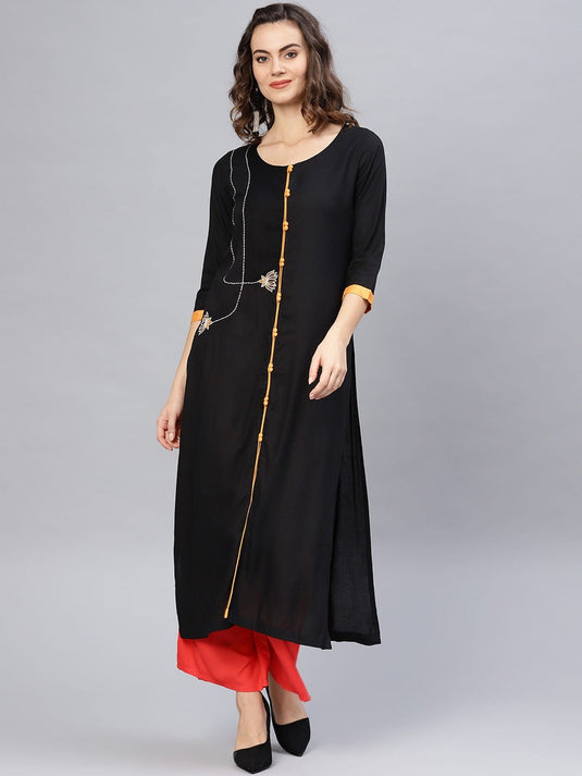 Embroidered Black Straight Kurta