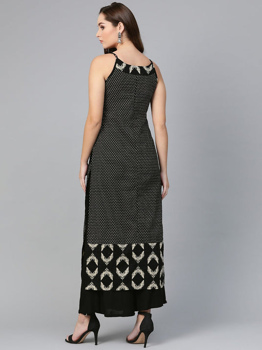 Black Sleeveless Printed Long Kurta