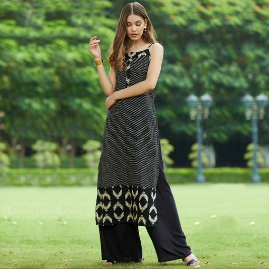 Black Sleeveless Printed Long Kurta