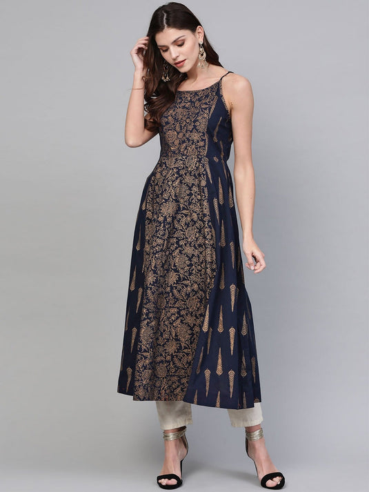 Navy Blue Printed Strappy Kurta