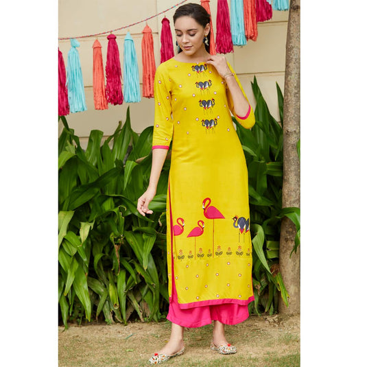 Yellow Mirror Image Flamingo Straight Kurta