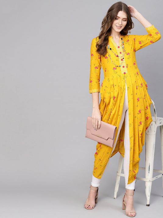 Yellow Drappy Flamingo Printed Kurta