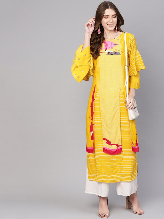 Yellow Double Layered Flamingo Printed Kurta