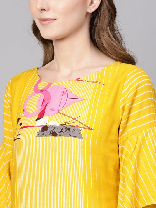 Yellow Double Layered Flamingo Printed Kurta