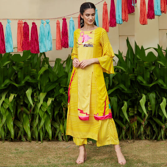 Yellow Double Layered Flamingo Printed Kurta