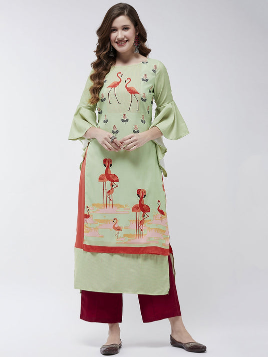 Bell Sleeves Layered Flamingo Printed Kurta