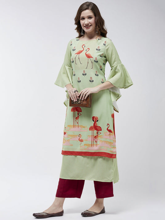 Bell Sleeves Layered Flamingo Printed Kurta