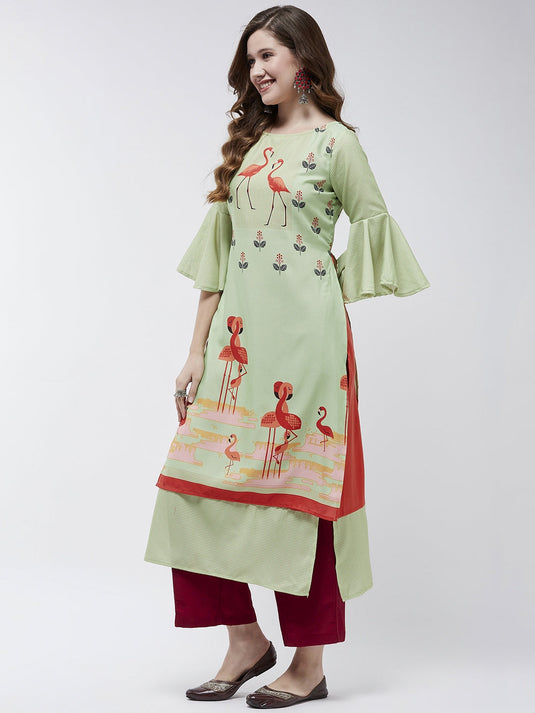 Bell Sleeves Layered Flamingo Printed Kurta