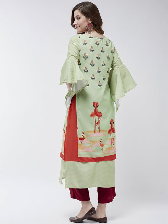 Bell Sleeves Layered Flamingo Printed Kurta