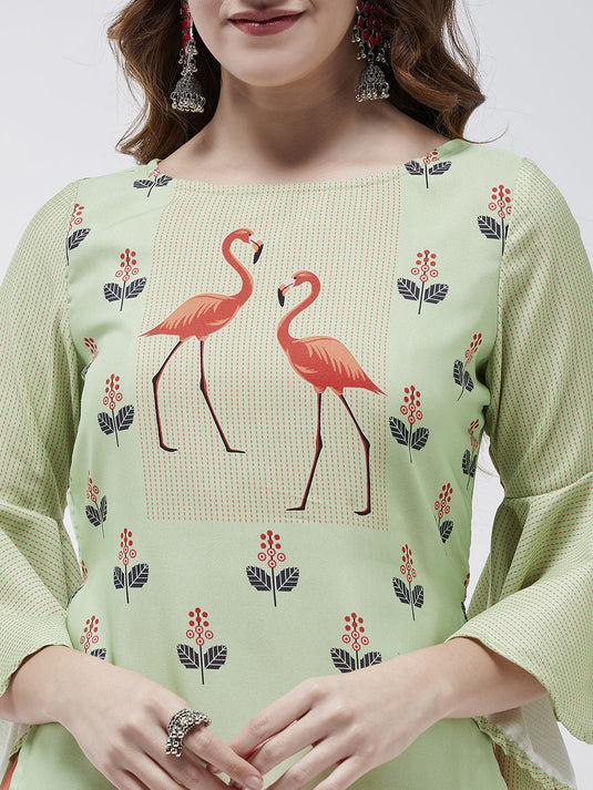 Bell Sleeves Layered Flamingo Printed Kurta