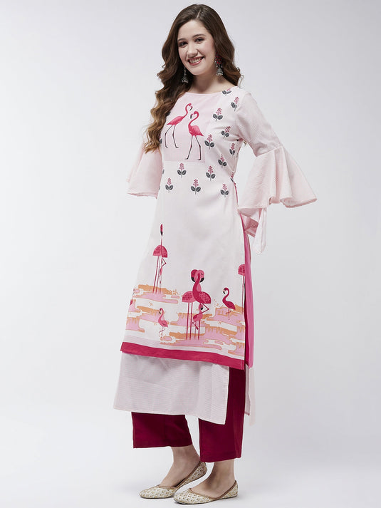 Bell Sleeves Layered Flamingo Printed Kurta