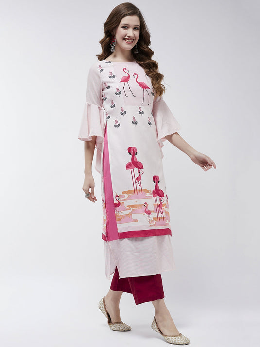 Bell Sleeves Layered Flamingo Printed Kurta