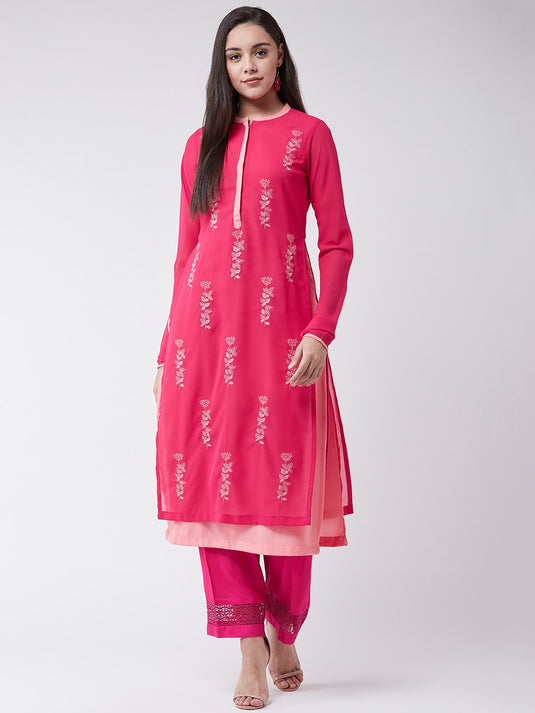 Pink Georgette Allover Embroidered Layered Kurta