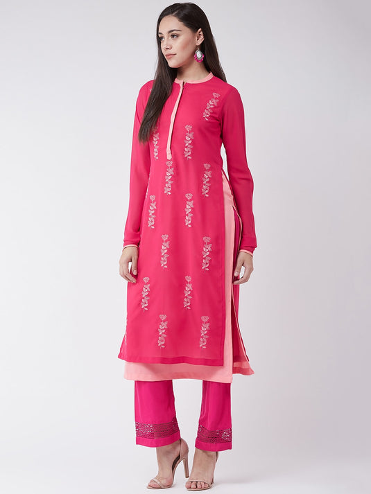 Pink Georgette Allover Embroidered Layered Kurta