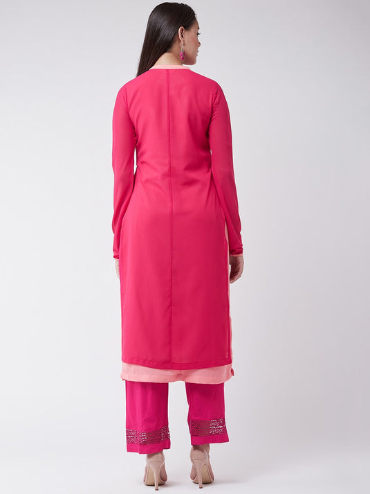 Pink Georgette Allover Embroidered Layered Kurta