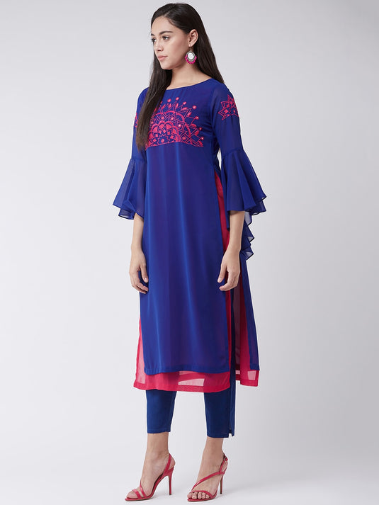 Royal Blue Yoke Embroidered Layered Kurta With Bell Sleeves