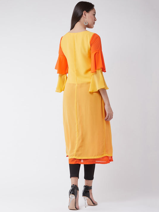 Yellow Embroidered Layered Kurta With Bell Sleeves And Front Slits