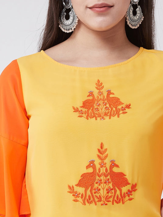 Yellow Embroidered Layered Kurta With Bell Sleeves And Front Slits