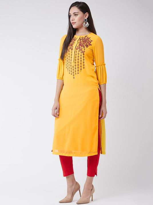 Yellow Embroidered Straight Fit Kurta