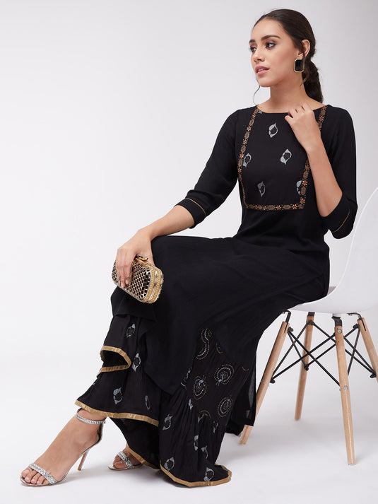 Black Foil Printed Straight Fit Kurta