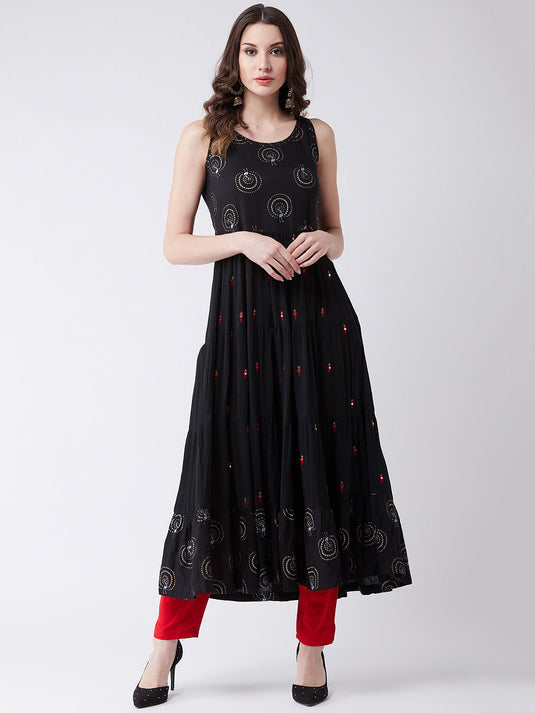 Sleeveless Printed And Embroidered Tiered Kurta