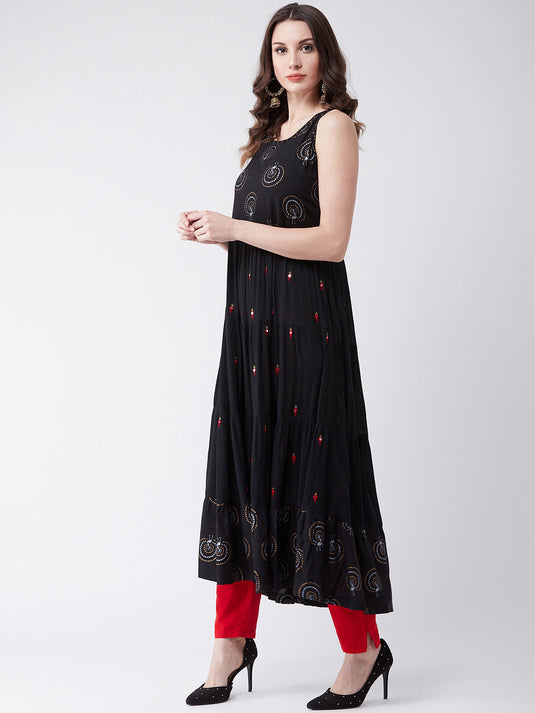 Sleeveless Printed And Embroidered Tiered Kurta