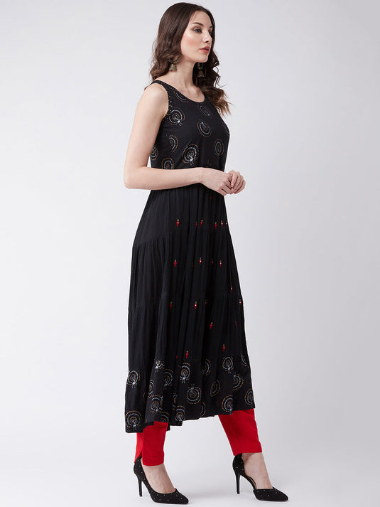 Sleeveless Printed And Embroidered Tiered Kurta