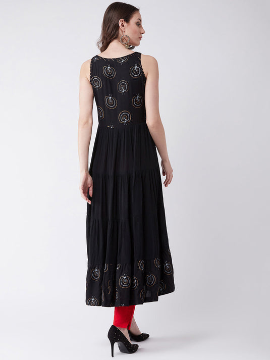 Sleeveless Printed And Embroidered Tiered Kurta