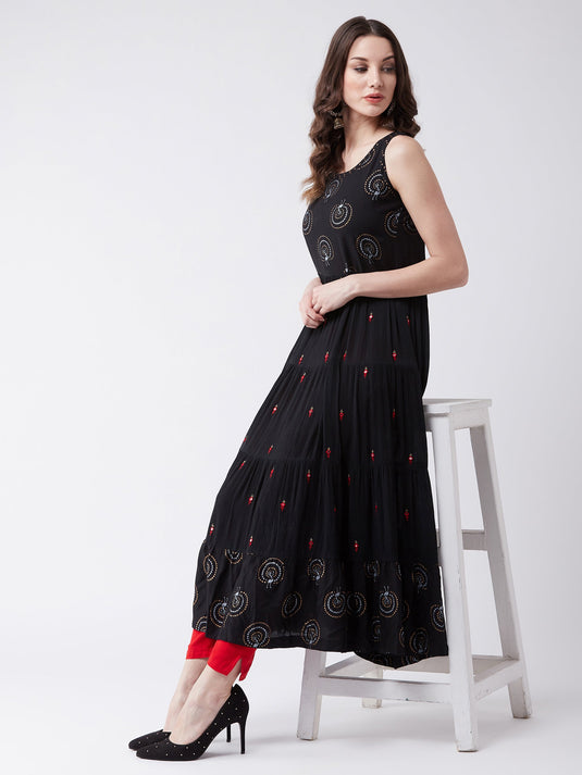 Sleeveless Printed And Embroidered Tiered Kurta