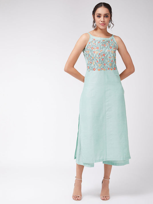 Embroidered Pastel Sleeveless Semi-Festive Kurta