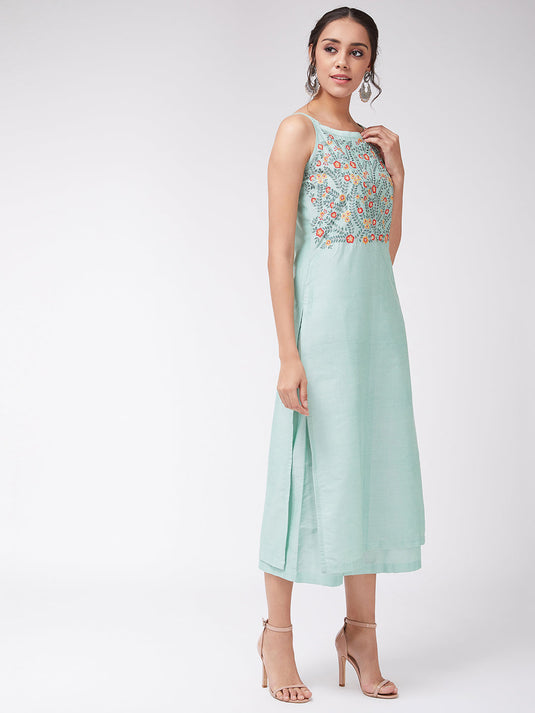 Embroidered Pastel Sleeveless Semi-Festive Kurta