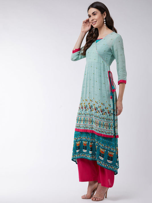 Pastel Printed Angarkha Double Layer Kurta