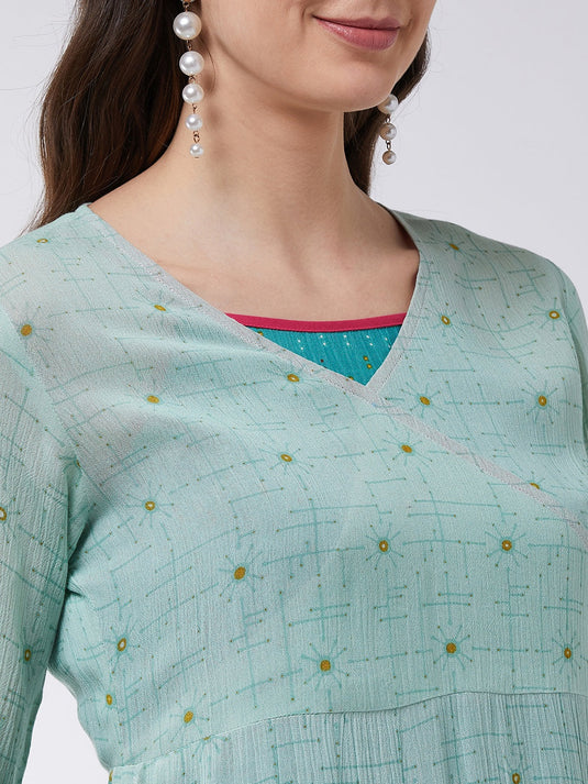 Pastel Printed Angarkha Double Layer Kurta