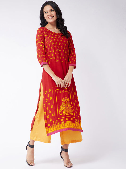 Digital Print Bottom Placement Sindoor Kurta