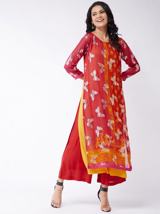 Printed Lurex Embellished Sindoor Kurta