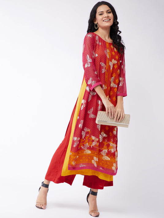 Printed Lurex Embellished Sindoor Kurta