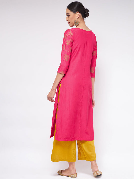 Shringaar Pink Block Printed Yoke Straight Fit Kurta