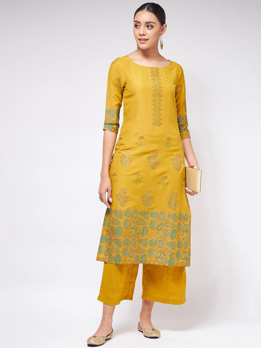 Shringaar Mustard Block Printed Round Neck Straight Fit Kurta