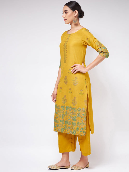 Shringaar Mustard Block Printed Round Neck Straight Fit Kurta