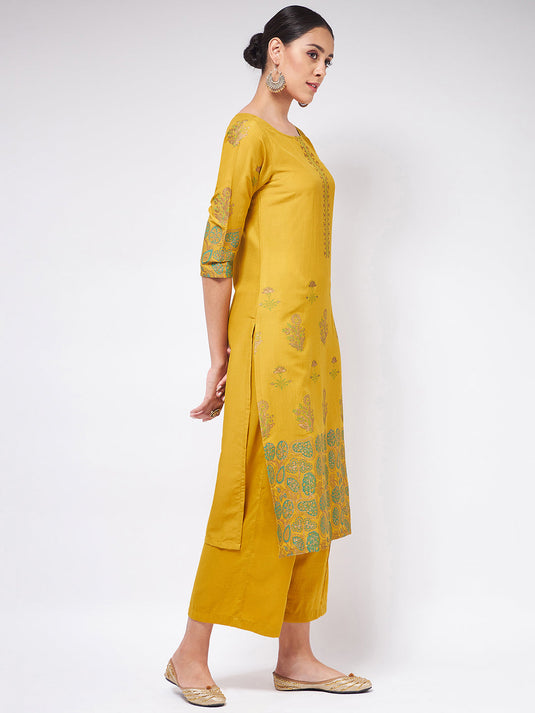 Shringaar Mustard Block Printed Round Neck Straight Fit Kurta