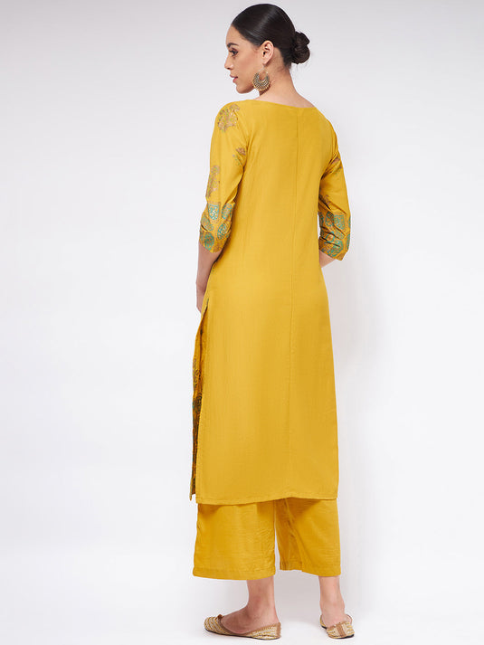 Shringaar Mustard Block Printed Round Neck Straight Fit Kurta