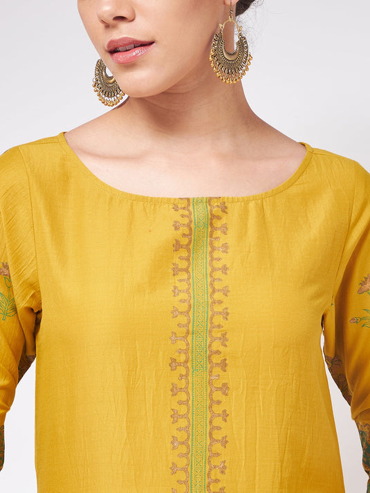 Shringaar Mustard Block Printed Round Neck Straight Fit Kurta