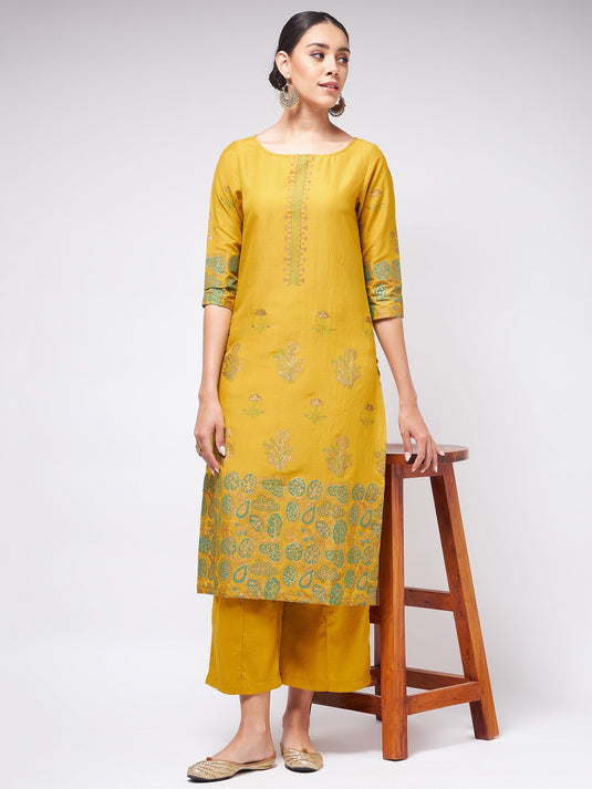 Shringaar Mustard Block Printed Round Neck Straight Fit Kurta