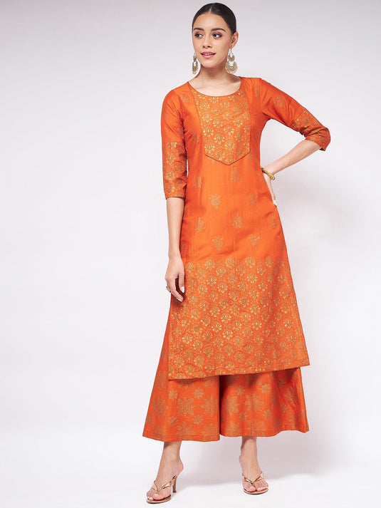 Shringaar Orange Block Printed Round Neck With Yoke Kurta