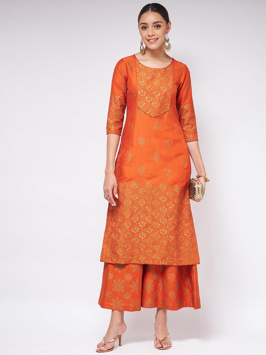 Shringaar Orange Block Printed Round Neck With Yoke Kurta