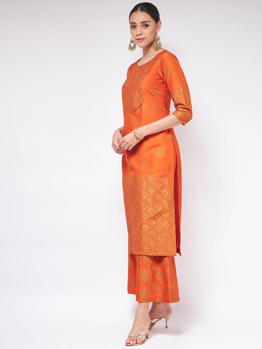 Shringaar Orange Block Printed Round Neck With Yoke Kurta