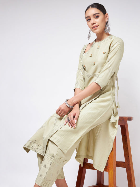 Pista Festive Foil Printed Angarkha Style Kurta