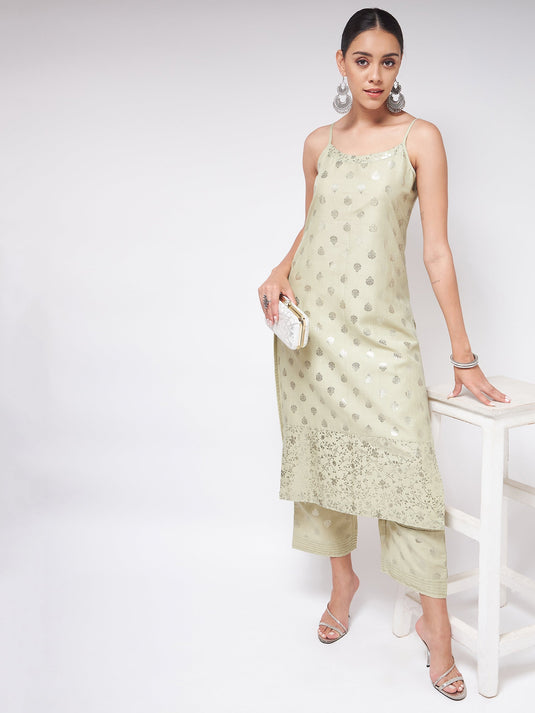 Pista Festive Foil Printed Sleeveless Strappy Kurta