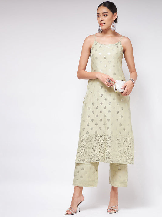 Pista Festive Foil Printed Sleeveless Strappy Kurta