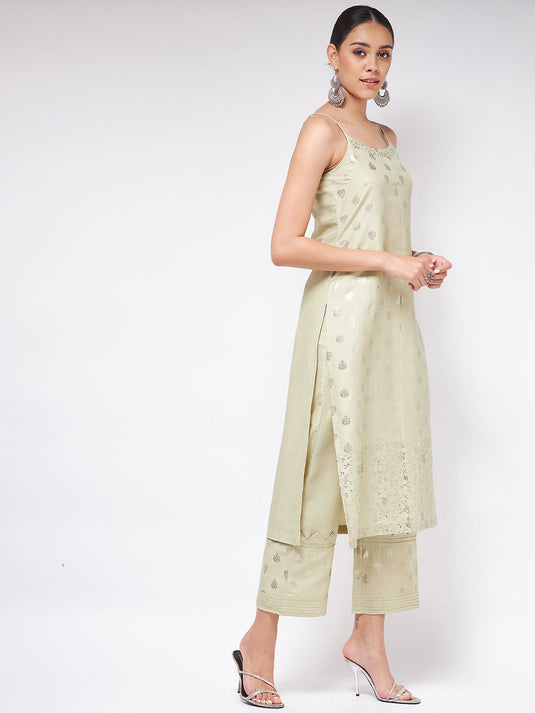 Pista Festive Foil Printed Sleeveless Strappy Kurta